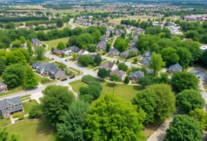 A panoramic view of Rock Hill neighborhoods with parks and homes.