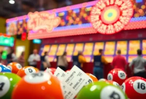 Lottery game tickets and colorful lottery balls with excitement in the air