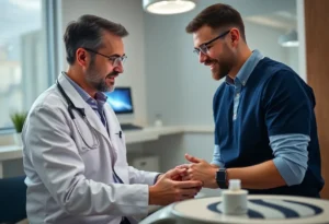Dentist and patient discussing dental implants options