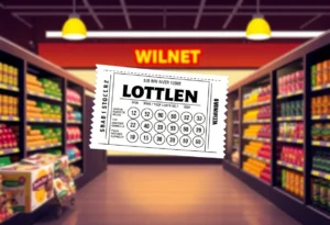 A close-up of a lottery ticket with a grocery store background.
