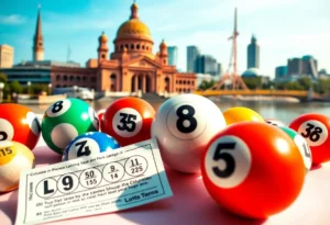 Lottery balls and a lottery ticket with Columbia, South Carolina scenery.
