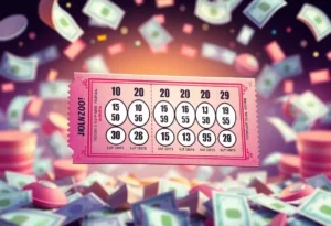 Illustration of a lottery ticket and money representing the Mega Millions jackpot