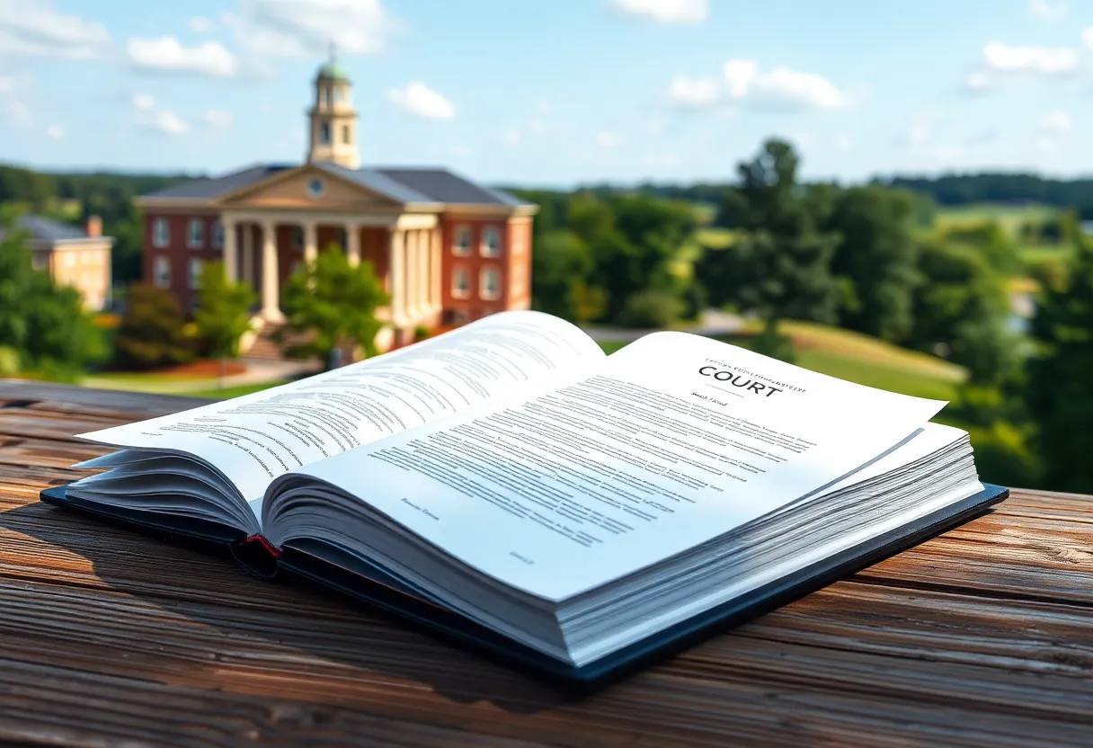 Illustration of a courthouse with legal documents, symbolizing access to records.