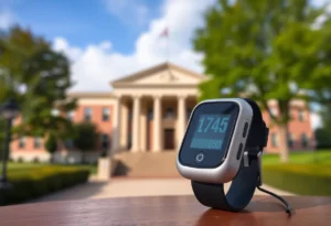 GPS ankle monitor with courthouse in the background