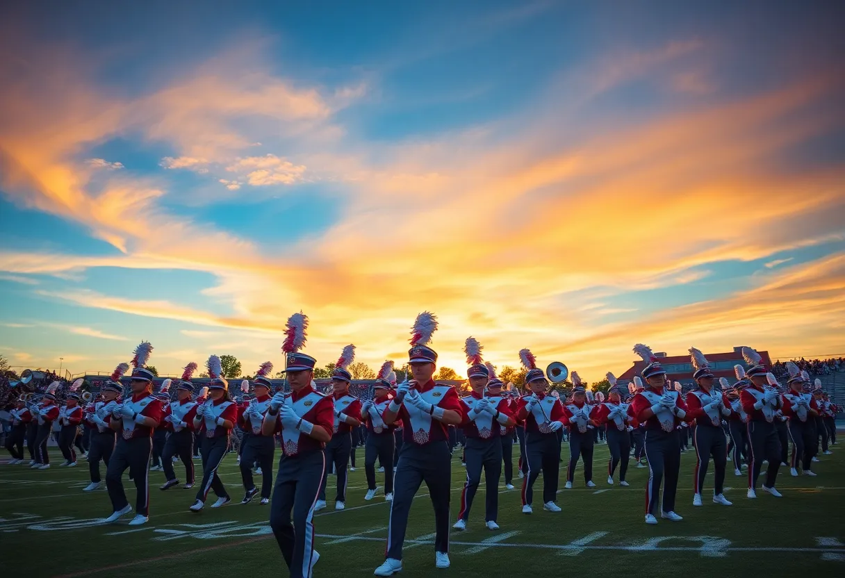 Ardrey Kell Marching Band performing on a football field.