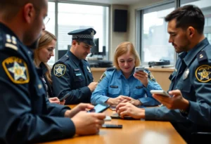 A scene depicting police communication technology supporting crime victims.