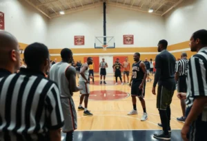 Tense basketball game at a church with players and referees in conflict.
