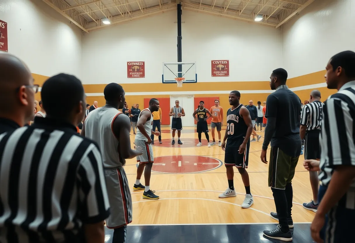 Tense basketball game at a church with players and referees in conflict.