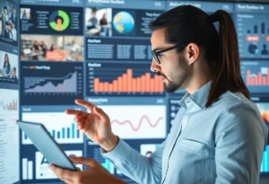 Marketing professional examining data trends on a computer screen.