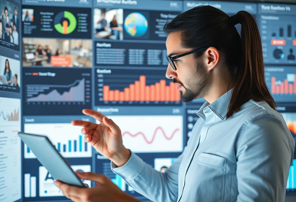 Marketing professional examining data trends on a computer screen.