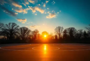 Sunrise over a basketball court symbolizing recovery and personal growth