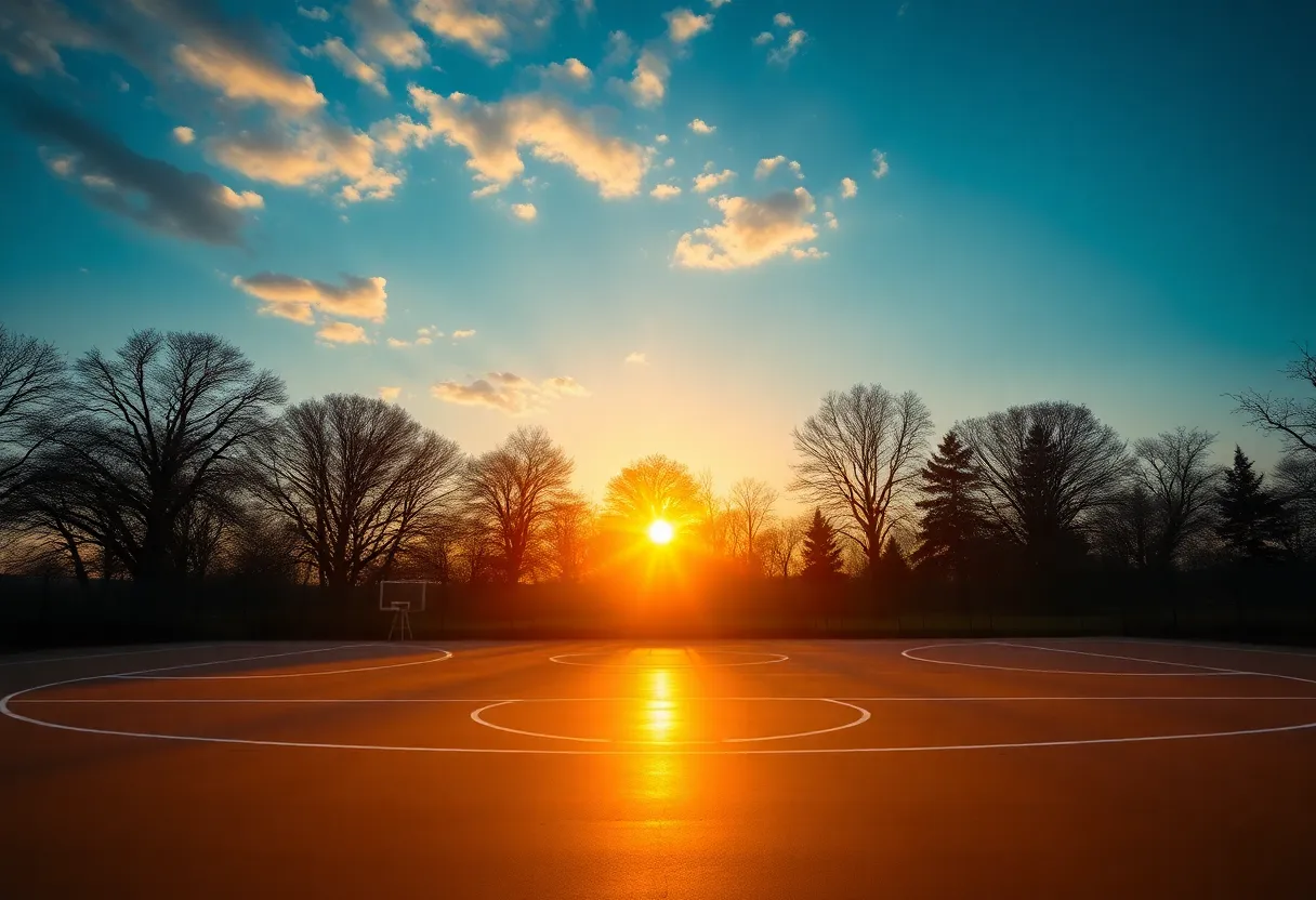Sunrise over a basketball court symbolizing recovery and personal growth