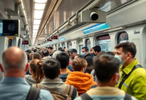 Commuters on Charlotte's Blue Line with visible security presence