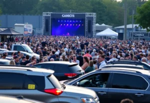 Crowded outdoor concert with parked cars highlighting security concerns.