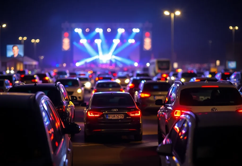 Parking lot at night during a concert with focus on vehicles