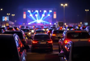 Parking lot at night during a concert with focus on vehicles