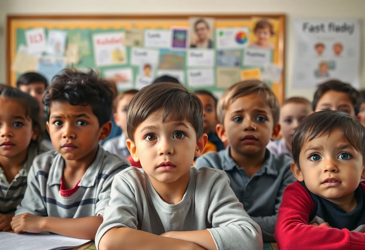 Children displaying concern in a classroom setting due to program halt
