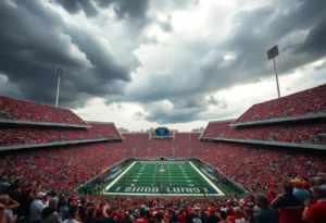 Fans at a football stadium with stormy skies