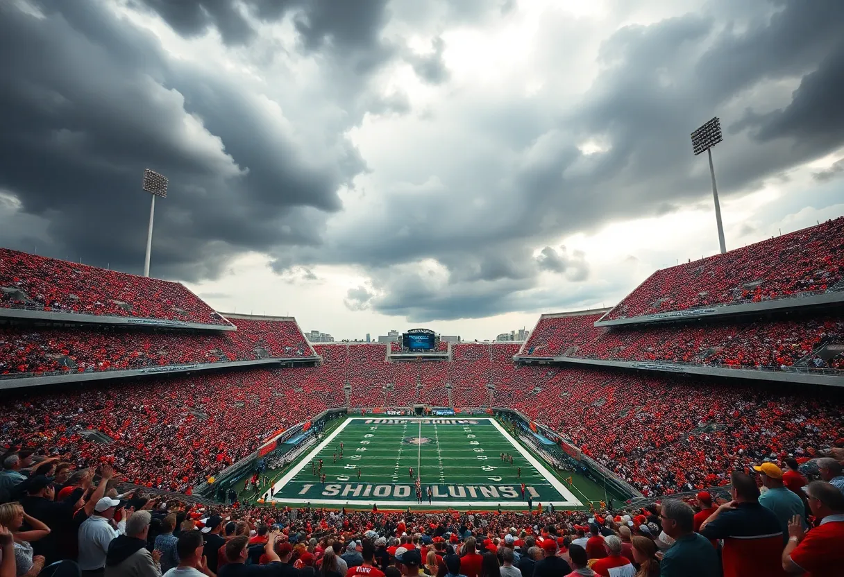 Fans at a football stadium with stormy skies