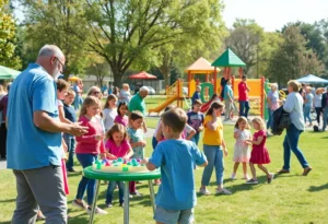 Families enjoying the community celebration at Armory Park with new playground equipment.