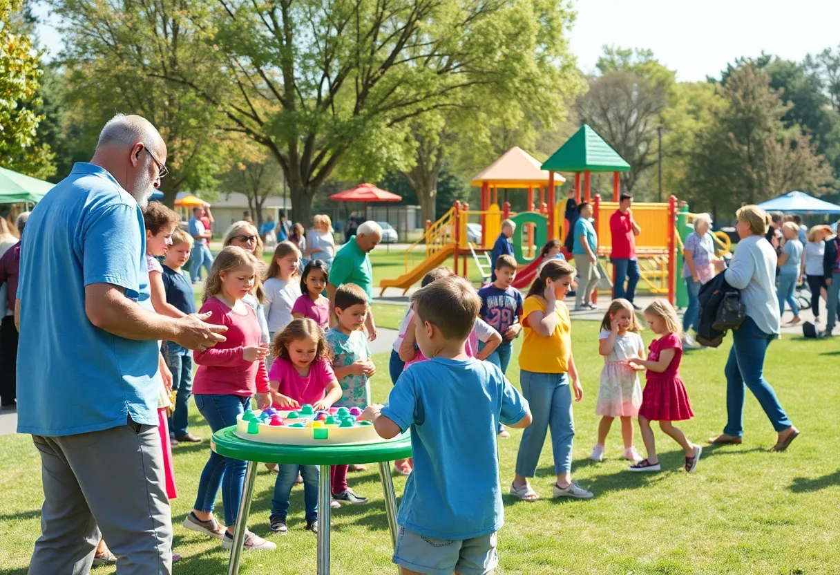 Families enjoying the community celebration at Armory Park with new playground equipment.