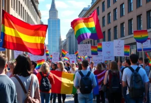 People holding banners at a community demonstration supporting LGBTQ+ rights