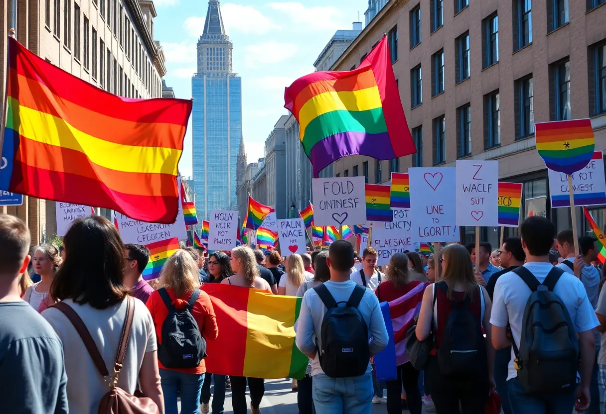 People holding banners at a community demonstration supporting LGBTQ+ rights