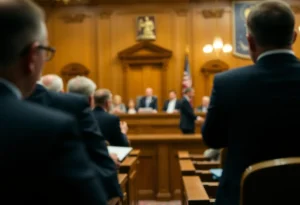 A courtroom scene with legal proceedings taking place.