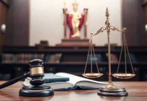 Courtroom with gavel, legal books, and scale of justice