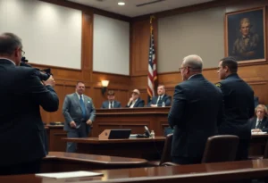 A courtroom scene highlighting a legal case involving threats to public officials.