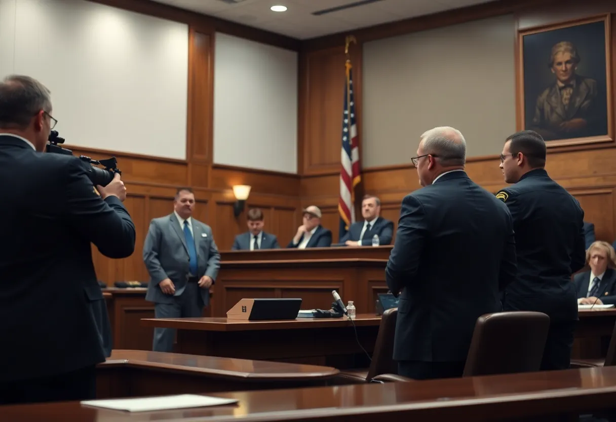 A courtroom scene highlighting a legal case involving threats to public officials.