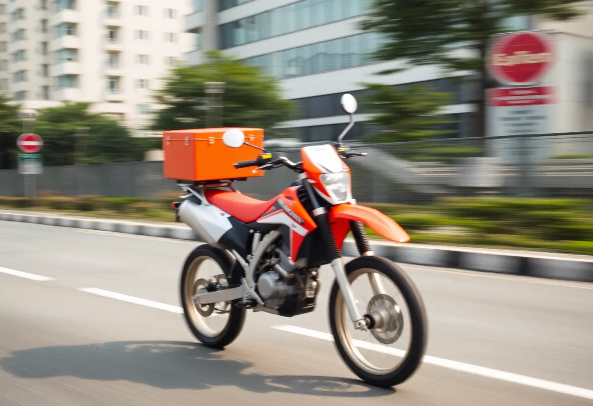 Dirt biker with orange delivery box