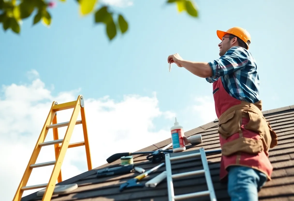 A person performing DIY roof repairs with various tools.
