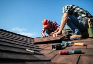 A person engaged in DIY roof replacement, fixing shingles on their home.