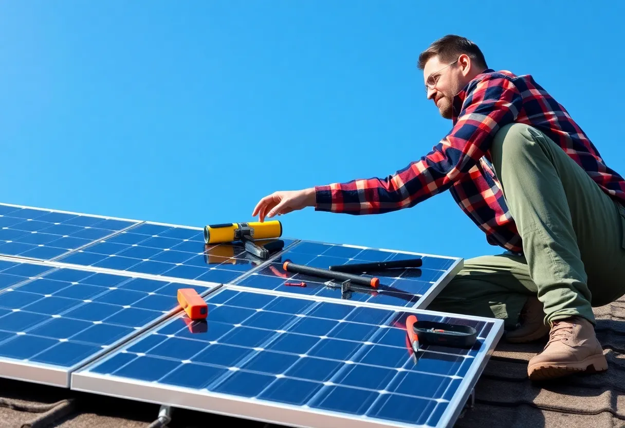 Homeowner installing solar panels on roof