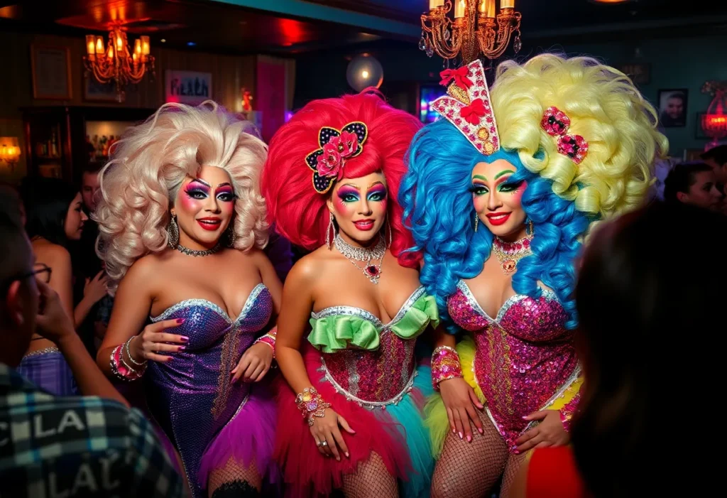 Colorful drag queen performance in a lively bar atmosphere