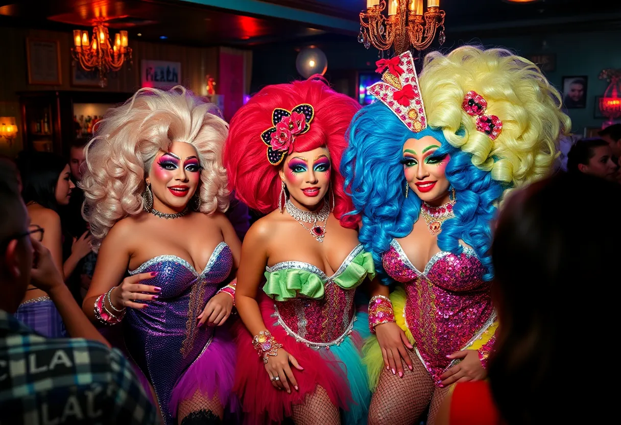 Colorful drag queen performance in a lively bar atmosphere