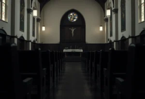 Interior view of an empty church with dim lighting.