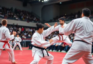 Participants in the Explosion Karate Tournament showcasing martial arts skills