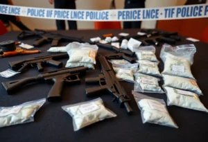 Police investigation scene with seized drugs and firearms