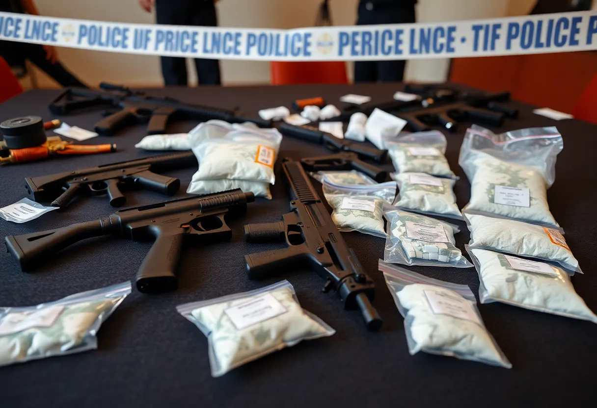 Police investigation scene with seized drugs and firearms