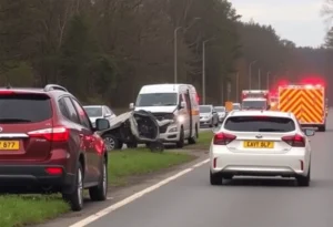 Emergency services at a multi-vehicle accident scene on South Dobys Bridge Road.