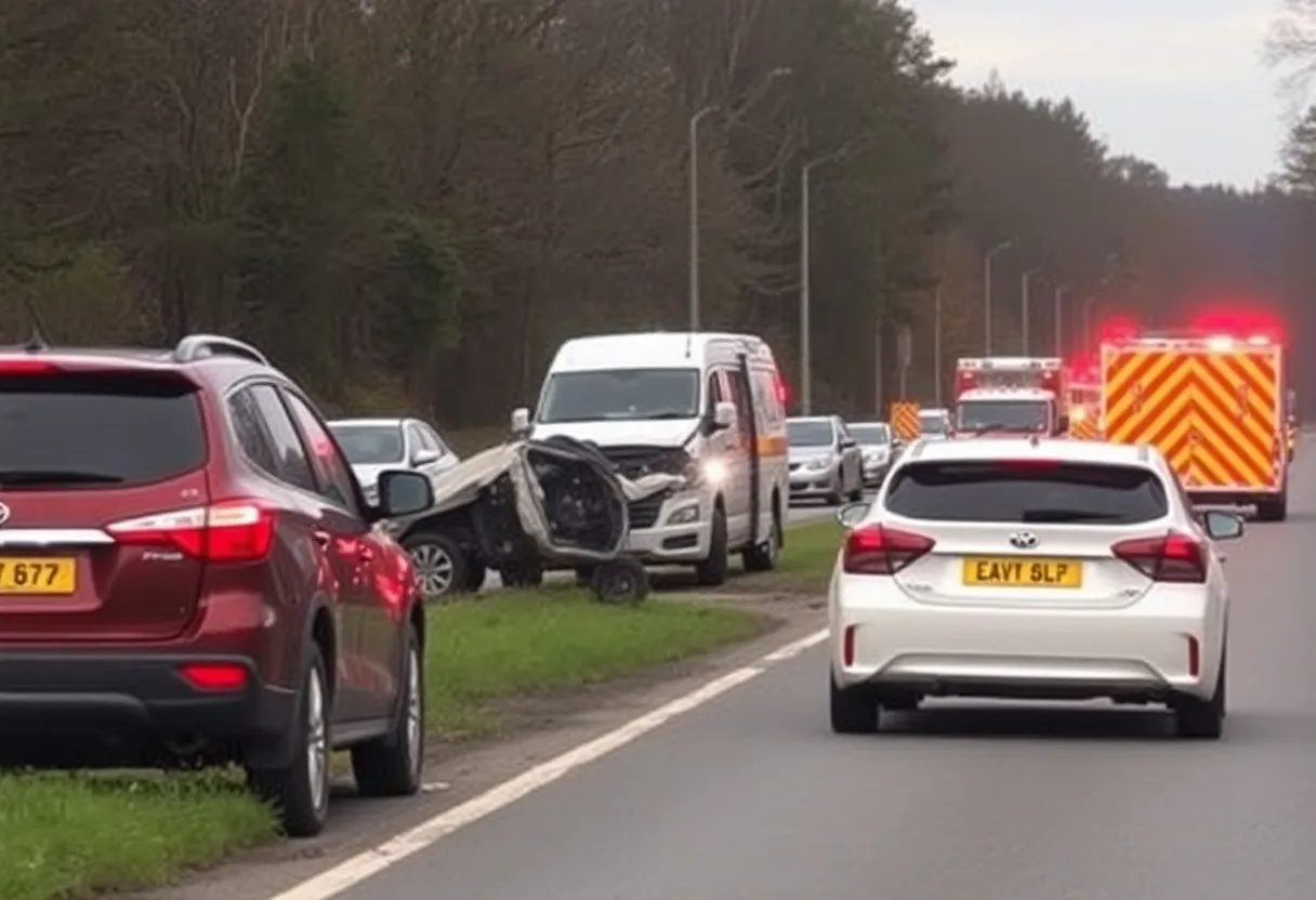 Emergency services at a multi-vehicle accident scene on South Dobys Bridge Road.