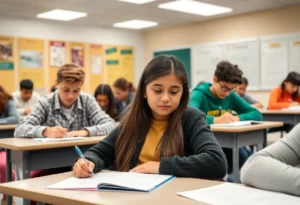 Students engaged in standardized testing in a classroom