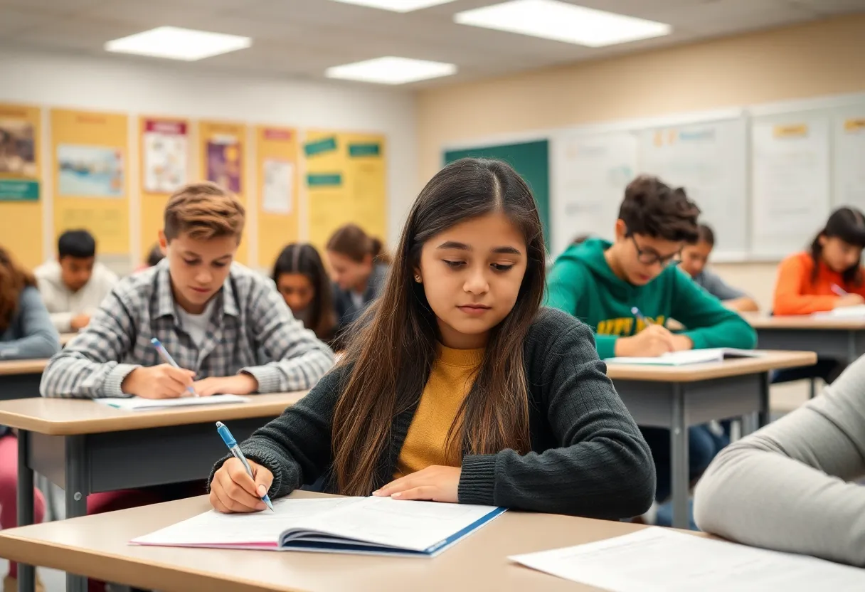 Students engaged in standardized testing in a classroom
