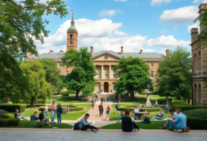 Campus view of Franklin & Marshall College with students.