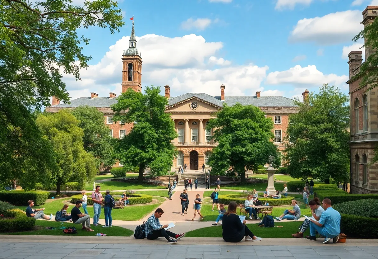 Campus view of Franklin & Marshall College with students.