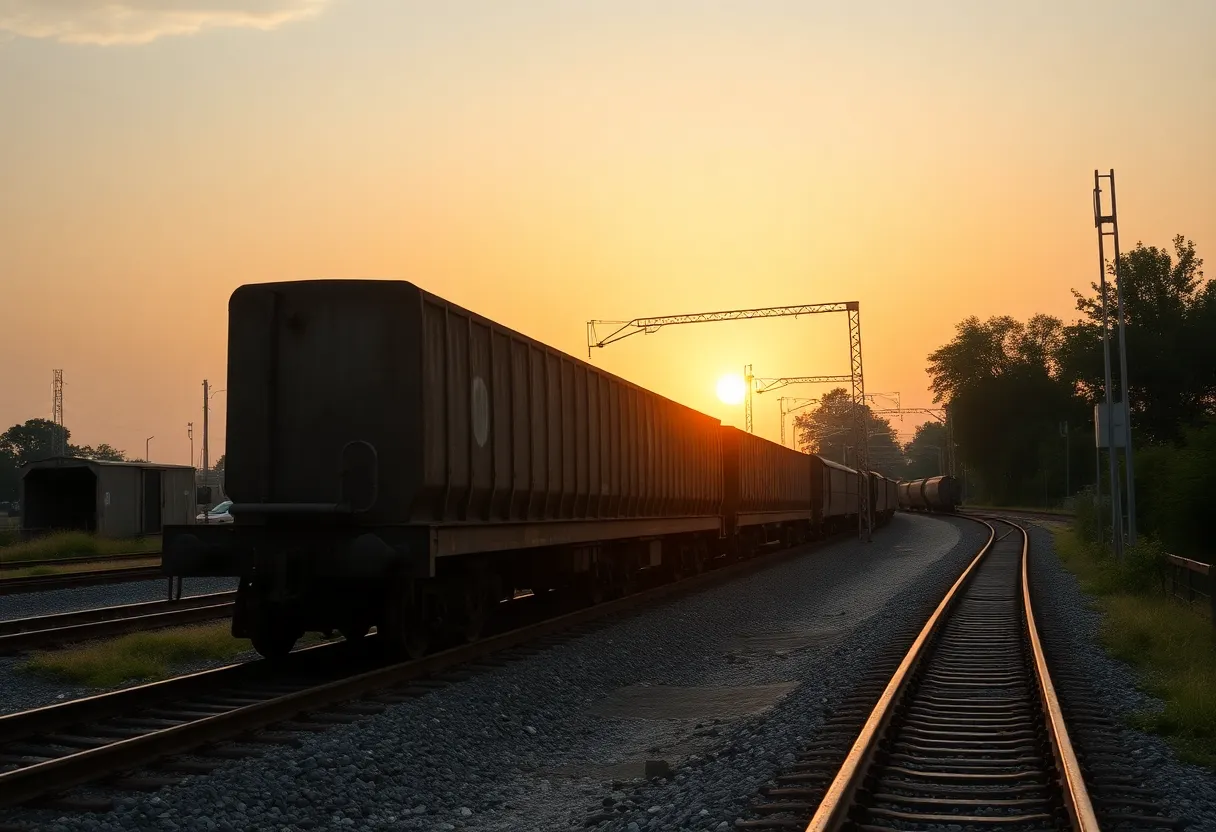 Freight train on tracks at sunset