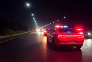 Police vehicle in pursuit during a high-speed chase on the highway at night.