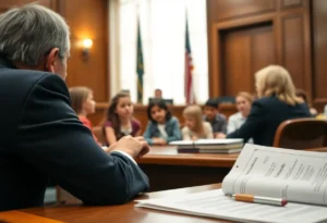 Families discussing their lawsuit in a courtroom setting